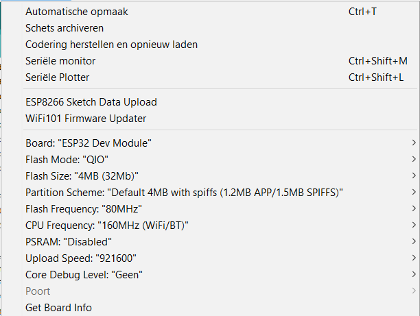 Paramètres Arduino pour ESP32